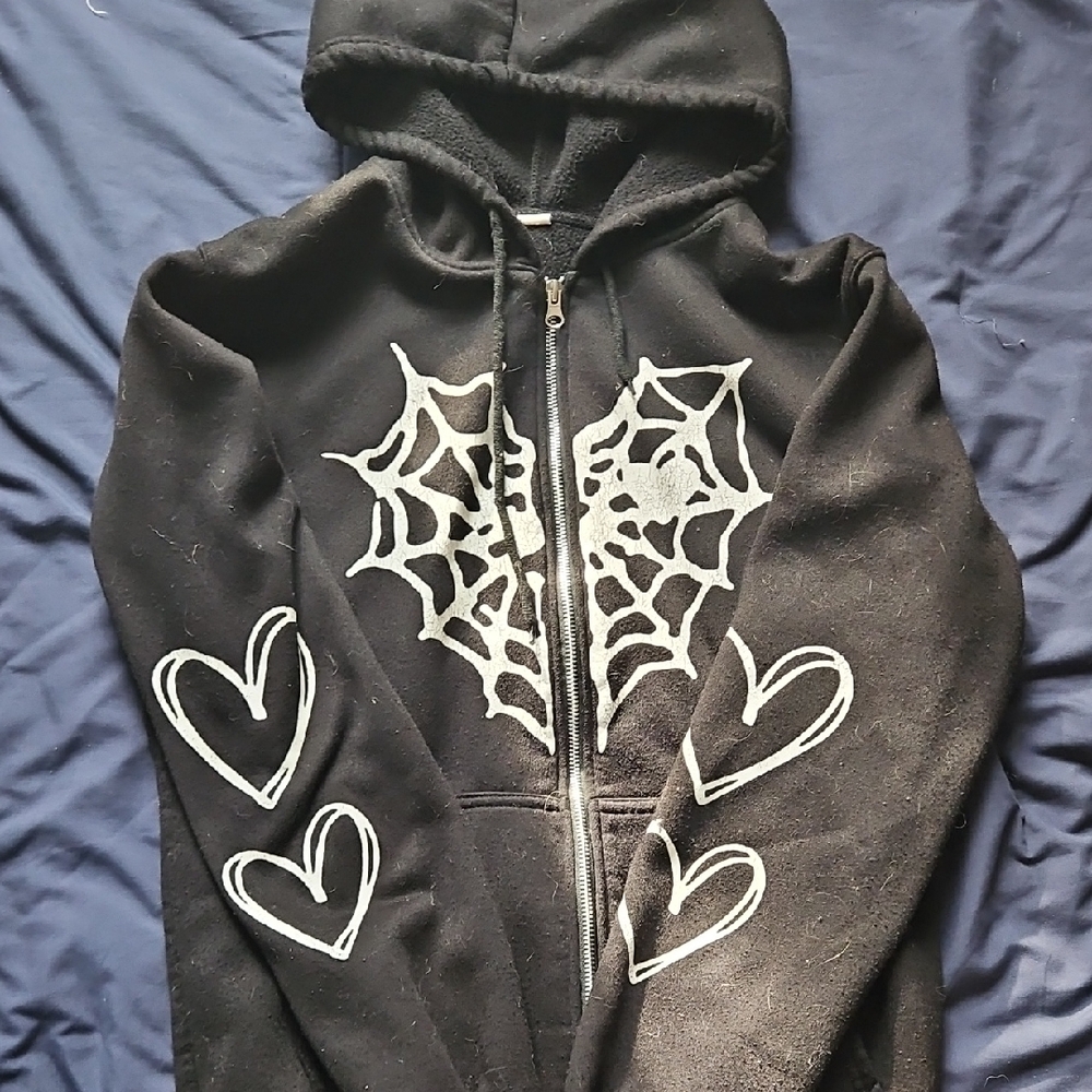 Hot Topic Black Hoodie with White Web and Heart Design